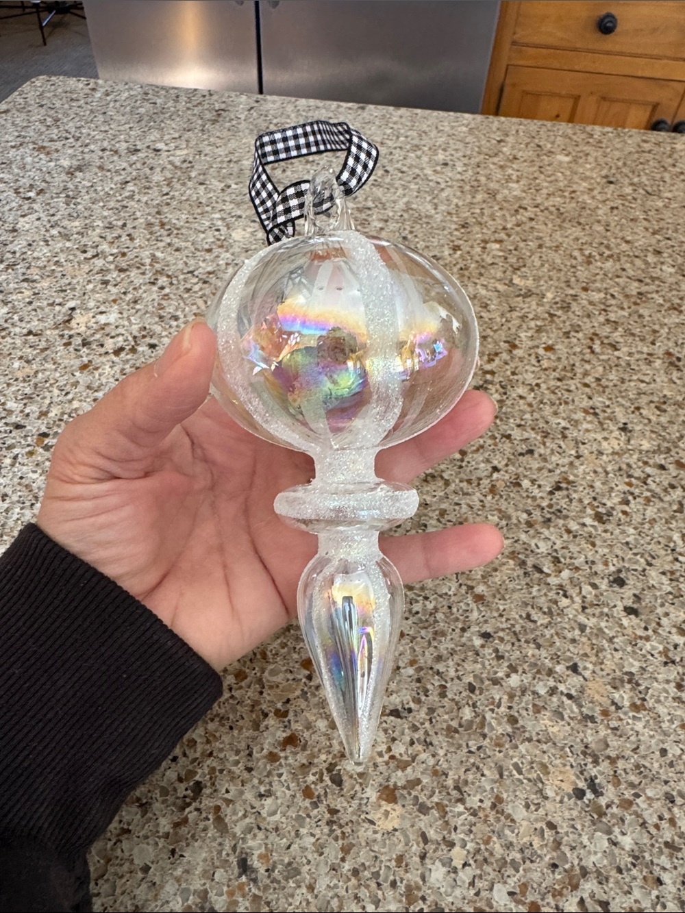 NWOT Mackenzie Childs Iridescent Glass Finial Ornament w/ courtly check ribbon